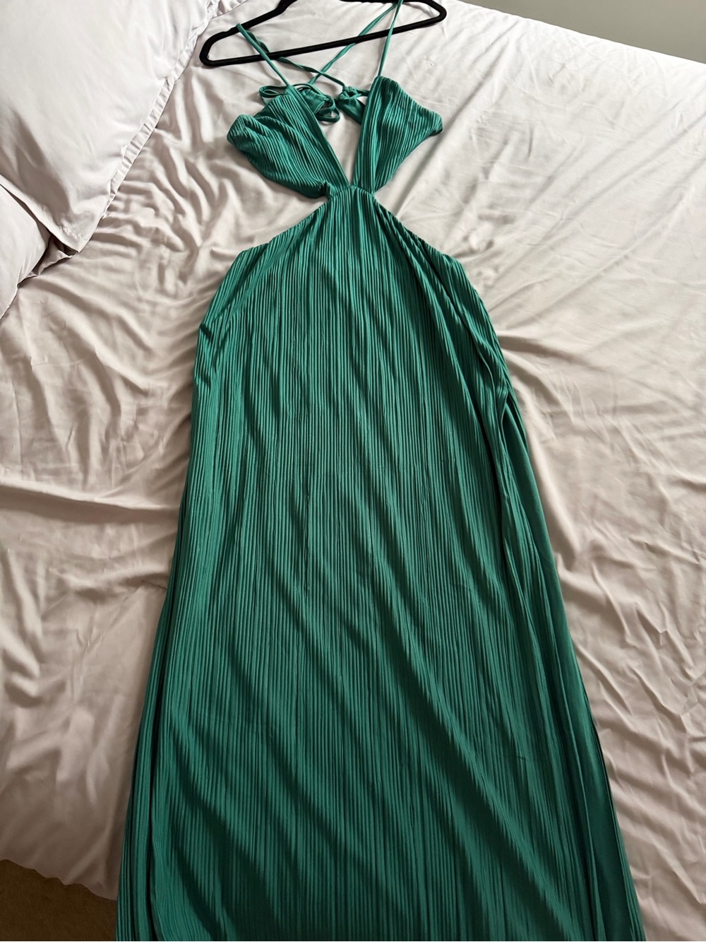 Meshki Green Pleated Maxi Dress with Cutout Detail